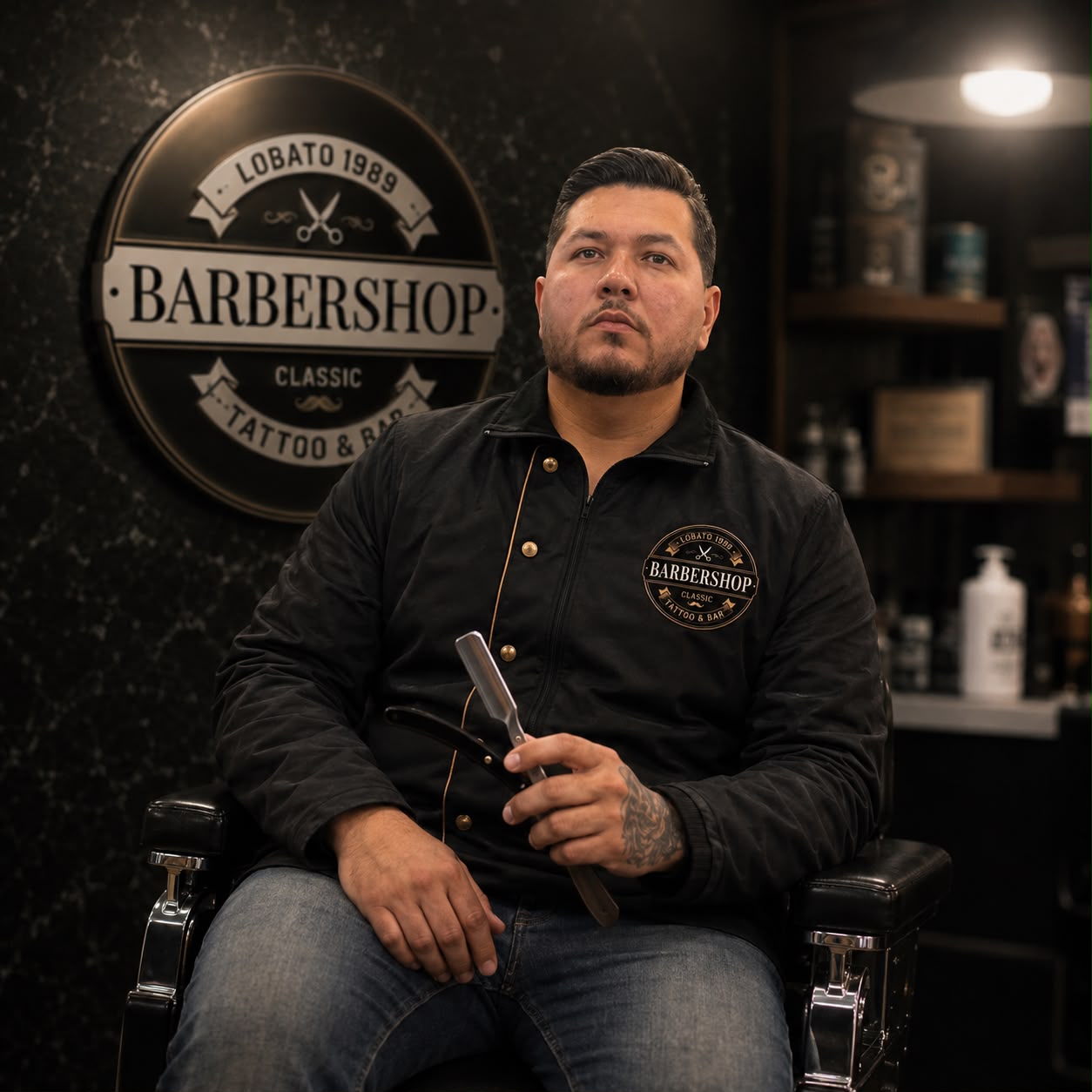 Barbeiro da Lobato1989 sentado na cadeira com navalha, ao lado do logo da barbearia
